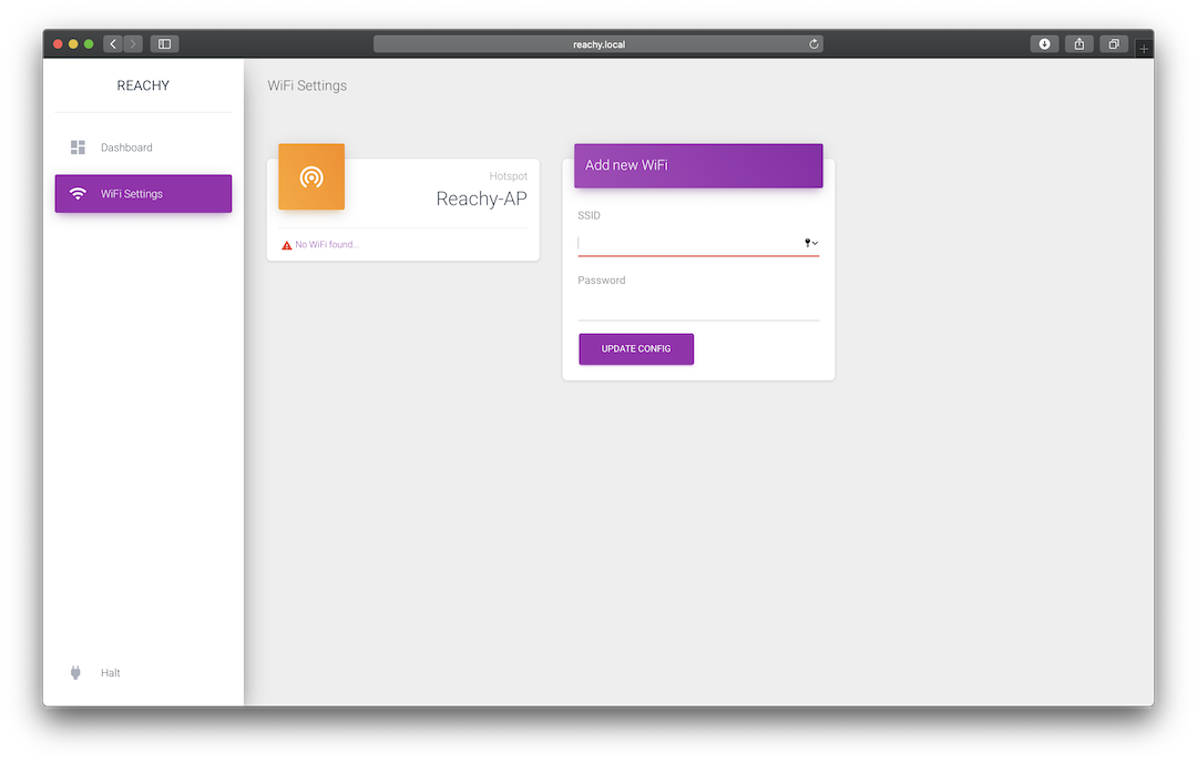 Dashboard WiFi settings