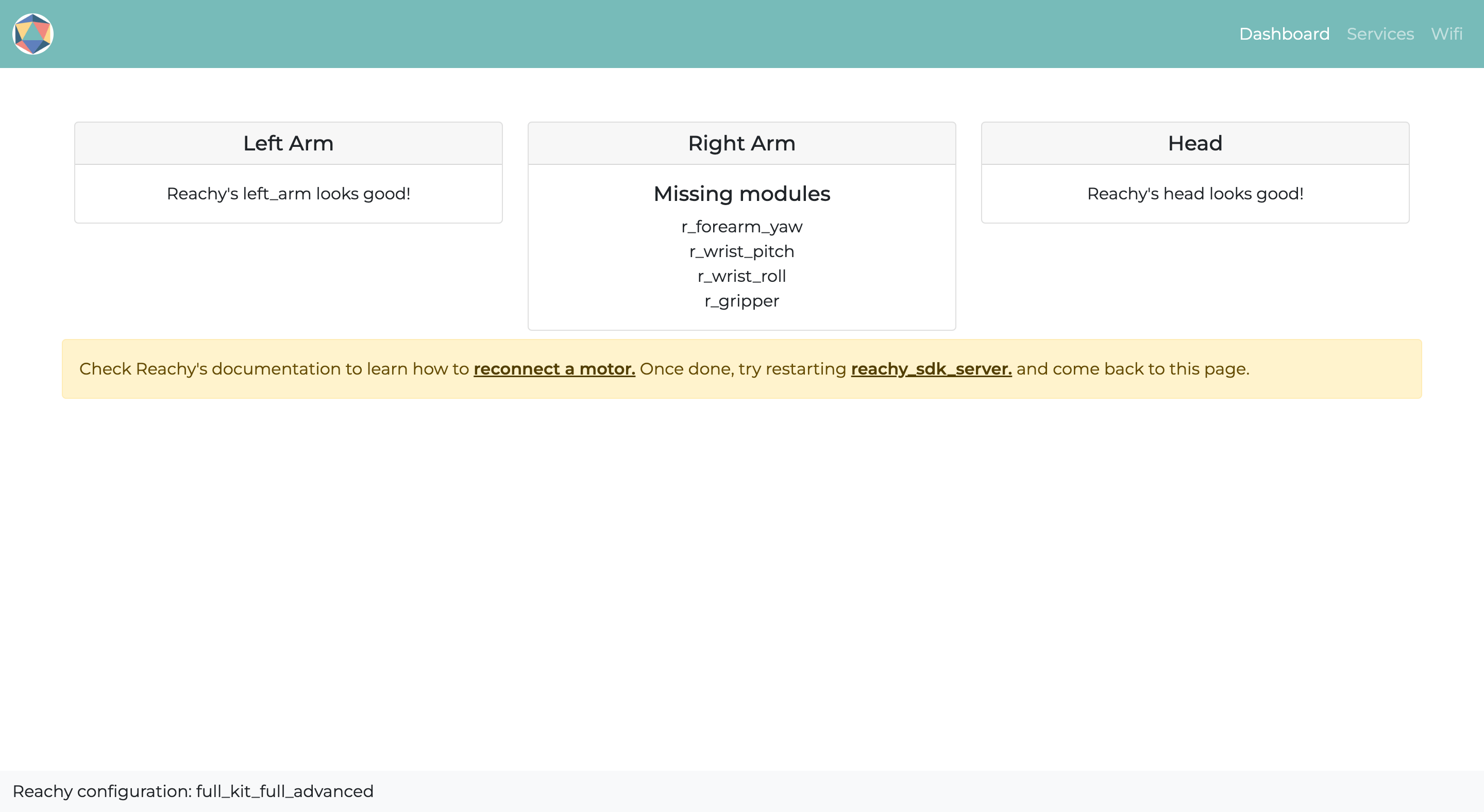 Debug page with missing motors